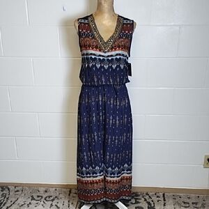 Bohemian Maxi Dress with Beaded V-Neckline Elastic Blouson Shirt Waist NWT